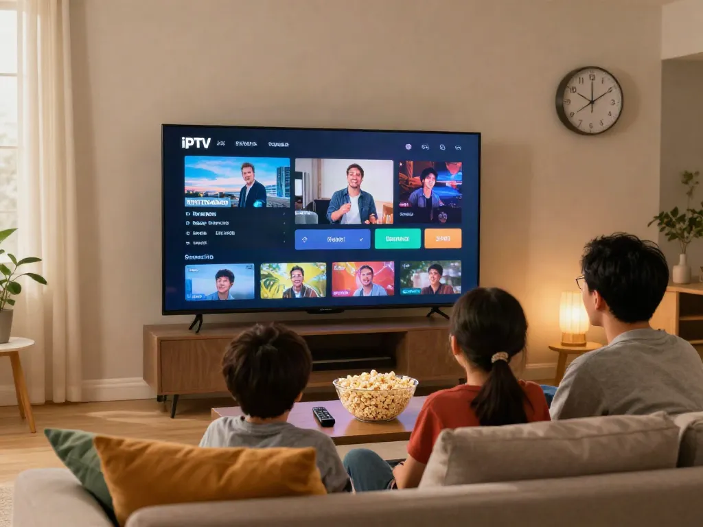 Family enjoying abbonamento IPTV movie night in a cozy living room.