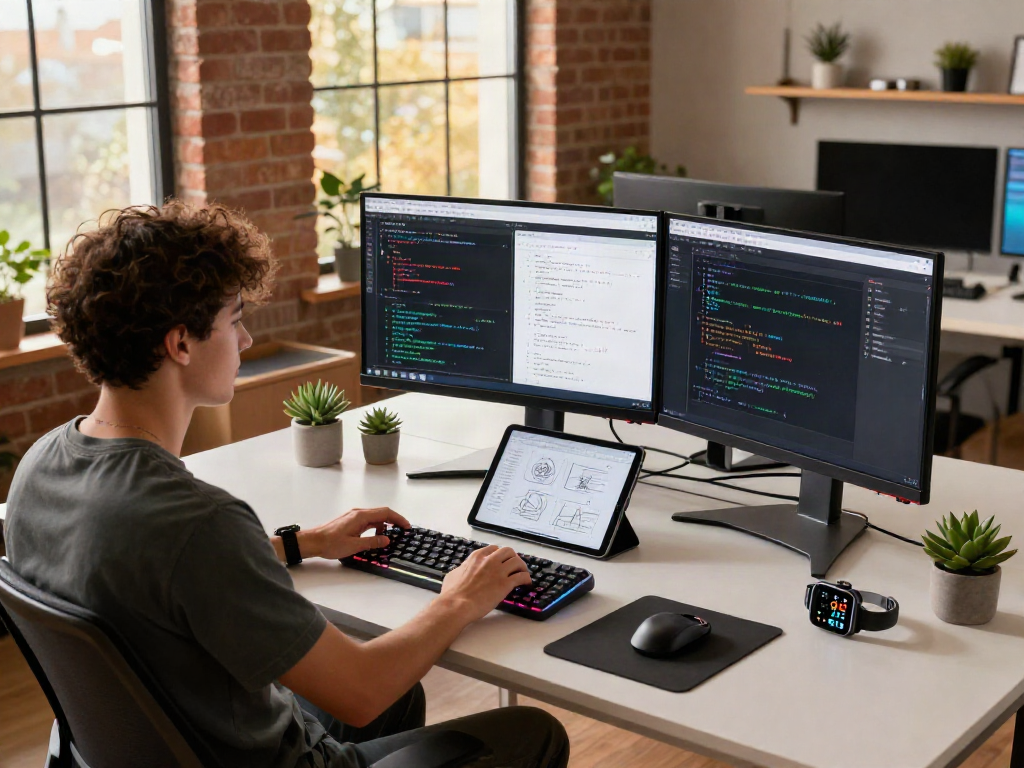 Dynamic workspace showing a developer programming with screens displaying code and UI designs, embodying the future of ai gf interactions.