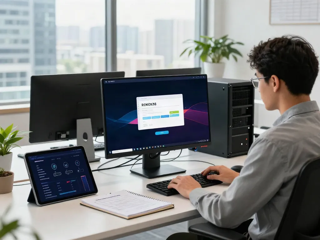 Secure ROKOK88 login process displayed on a computer screen in a modern tech workspace.