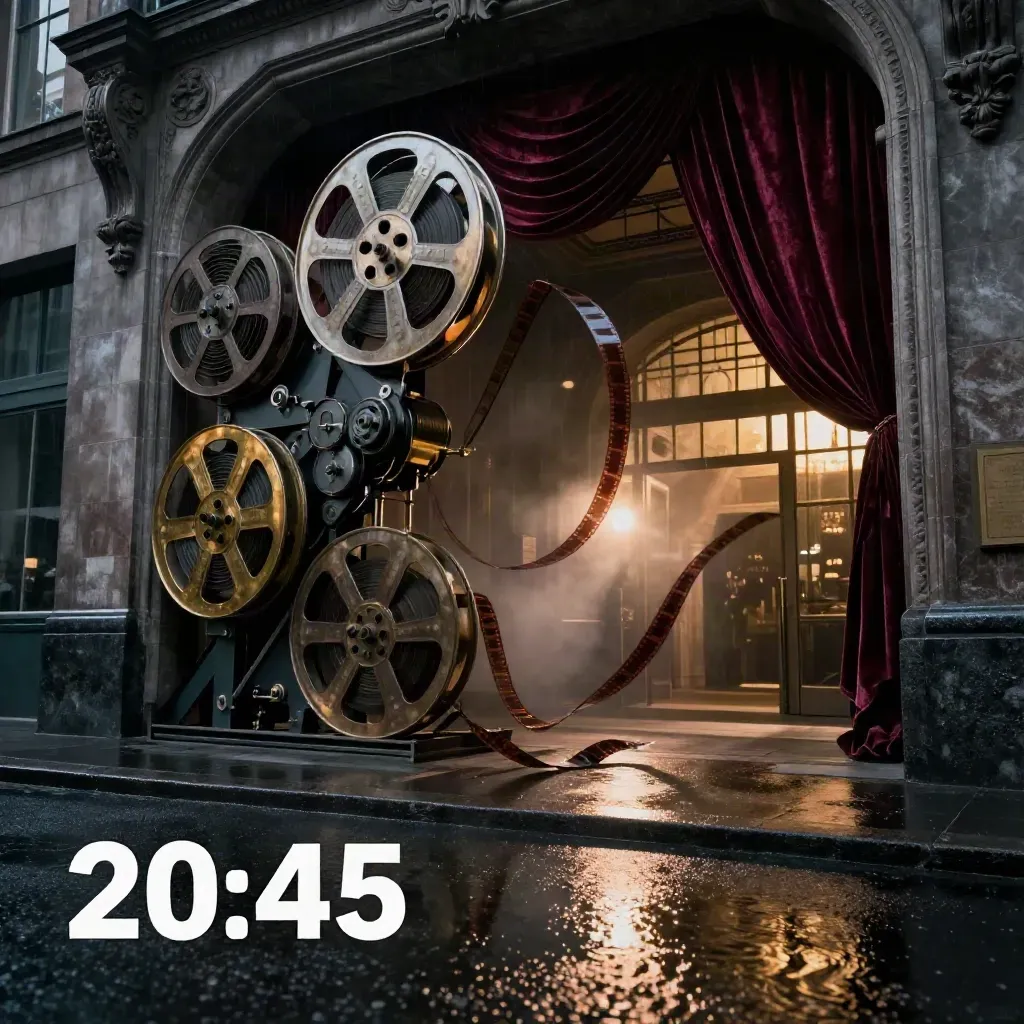 Bobine 35mm e pellicola svolazzante davanti a un vecchio cinema bagnato dalla pioggia