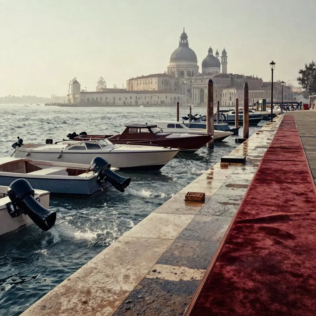 Molo della Laguna con motoscafi, gradini bagnati e passerella rossa davanti al Palazzo del Cinema.