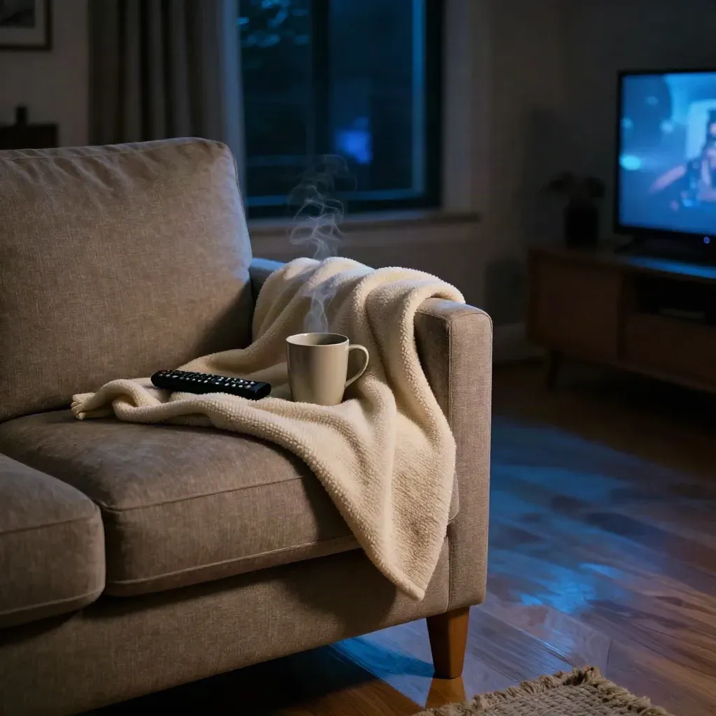 Salotto notturno con TV sfocata, plaid crema, telecomando e tazza fumante su divano.