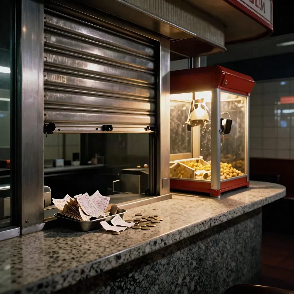 Foyer del multiplex dopo il rush, cassa chiusa, ticket strappati e macchina dei popcorn spenta.