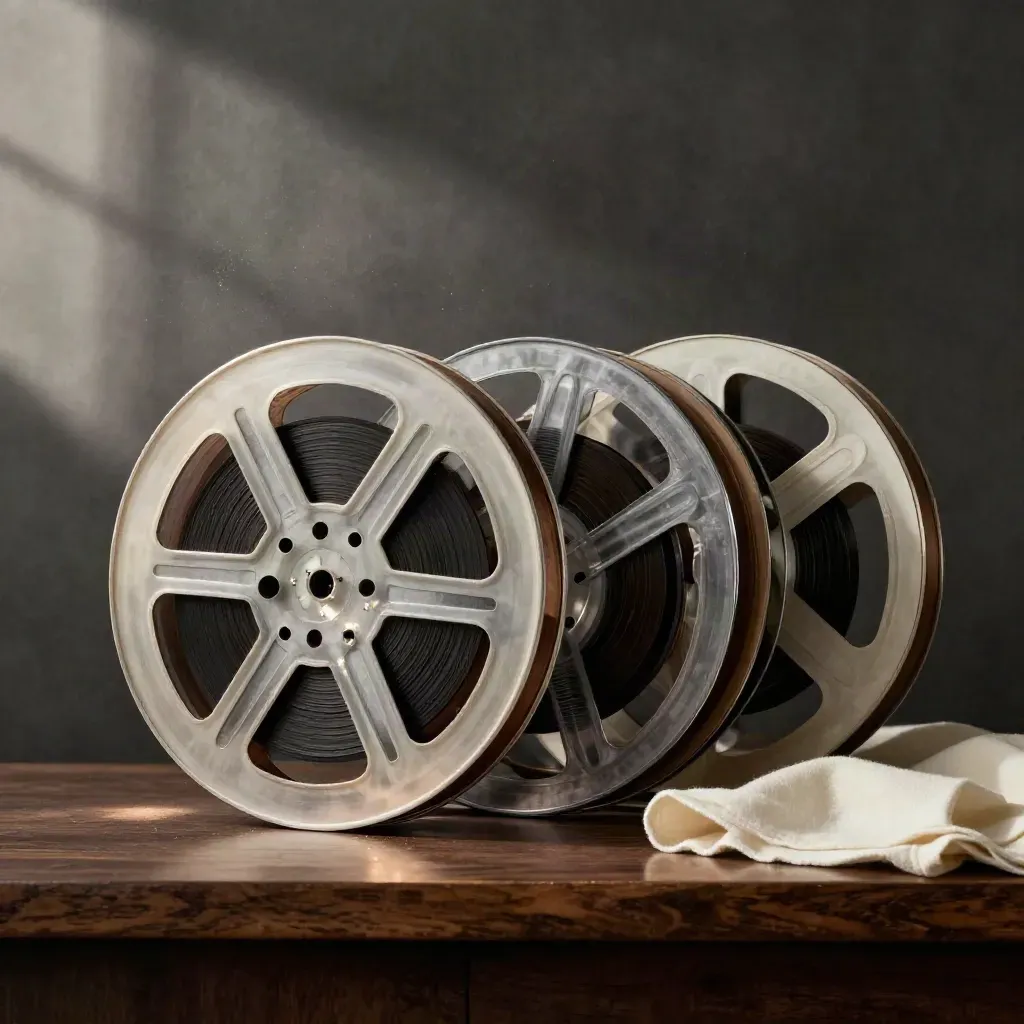 Tre bobine 35mm allineate su una mensola scura con panno piegato e bagliore soffuso