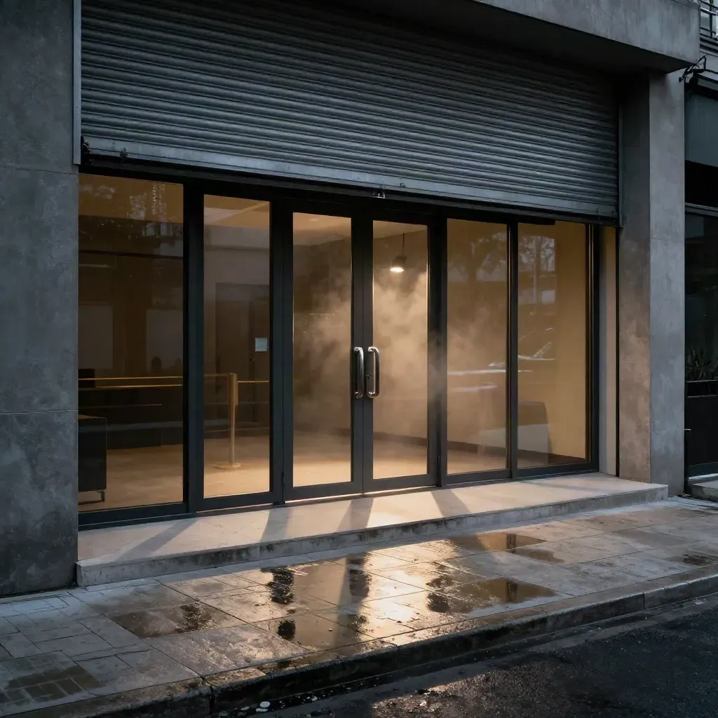 Ingresso di un multisala all’alba, saracinesche alzate e pavimento bagnato nella luce del mattino.