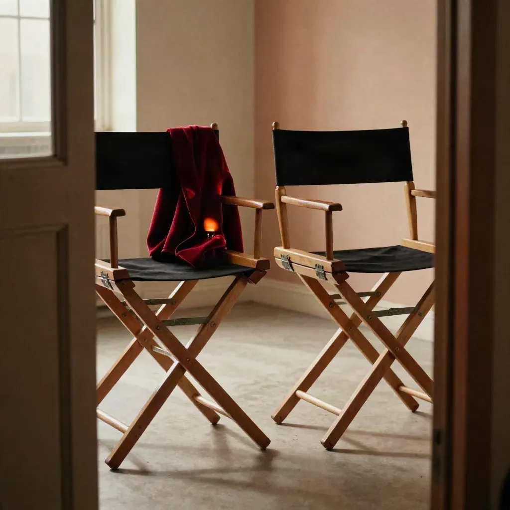 Due sedie da regista vuote con lampada calda e giacca di lana in un set cinematografico.