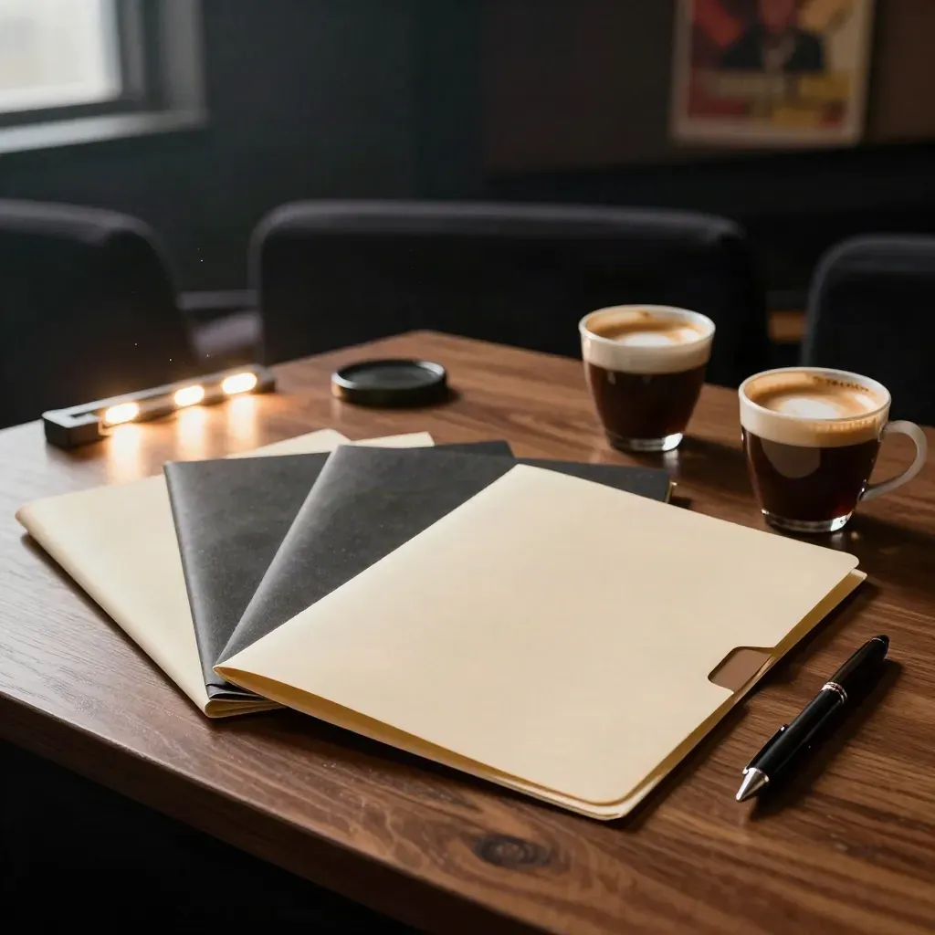 Tavolo stampa dopo una proiezione con schede film chiuse, penna e tazze di caffè.