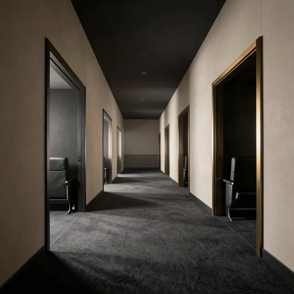 Corridoio di cinema con quattro ingressi aperti, sedute vuote e luce radente.
