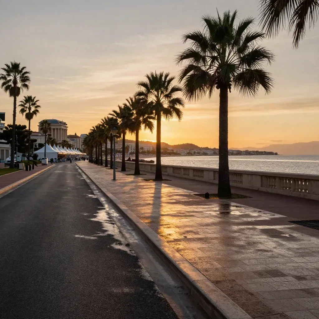 La Croisette al tramonto con il Palais, palme scure e pavé bagnato.