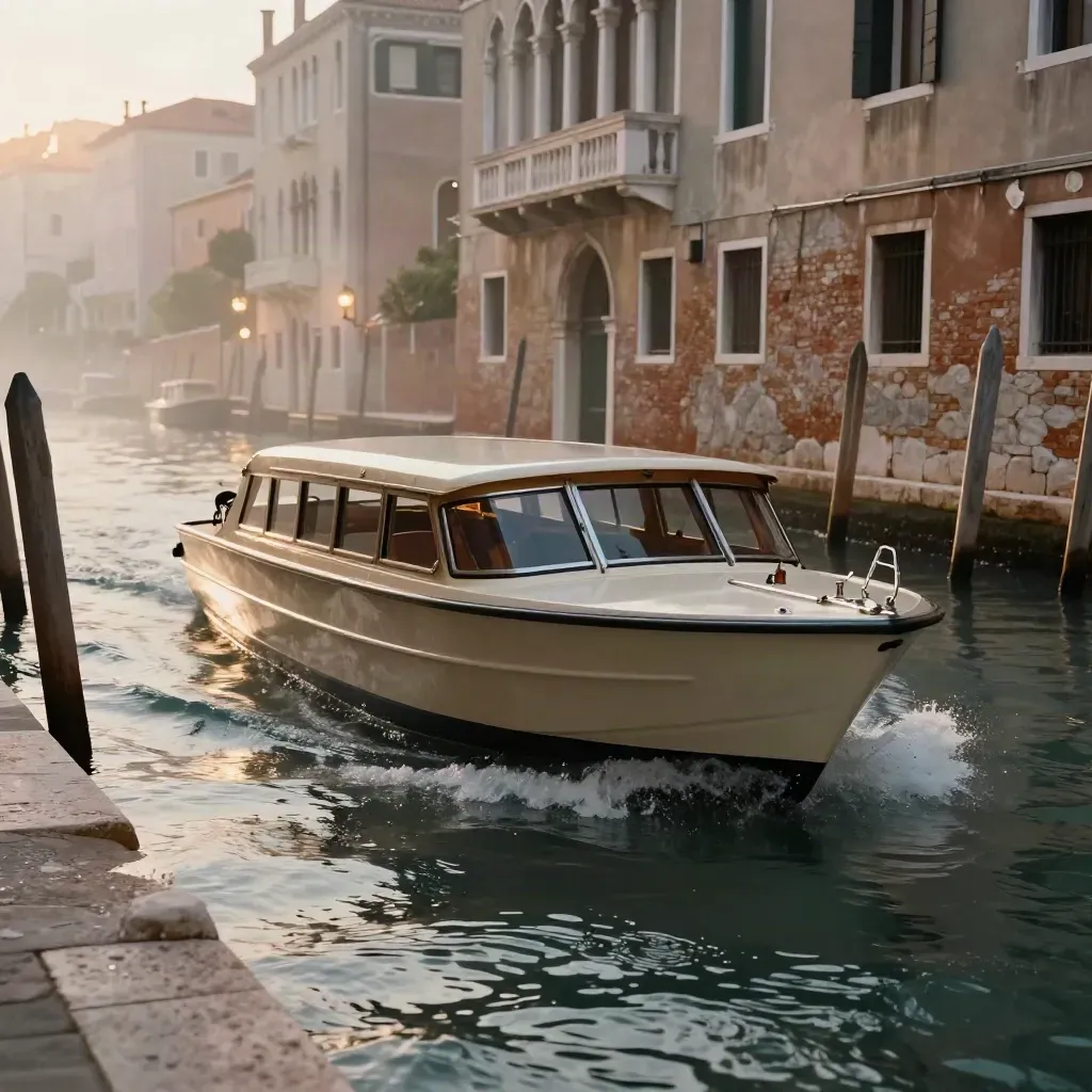 Vaporetto sulla laguna di Venezia, con scia nell’acqua e facciate sfocate al tramonto
