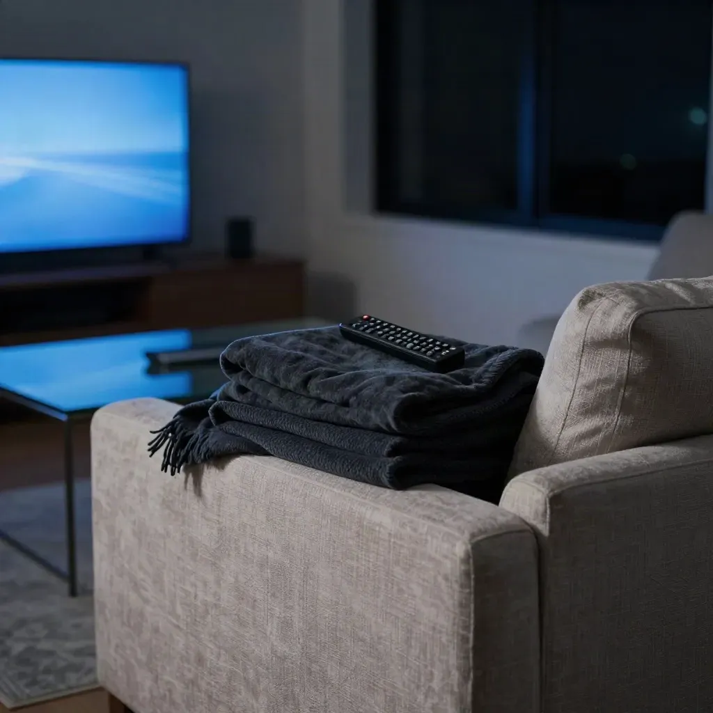 Salotto notturno con TV sfocata, coperta, telecomando e finestra buia