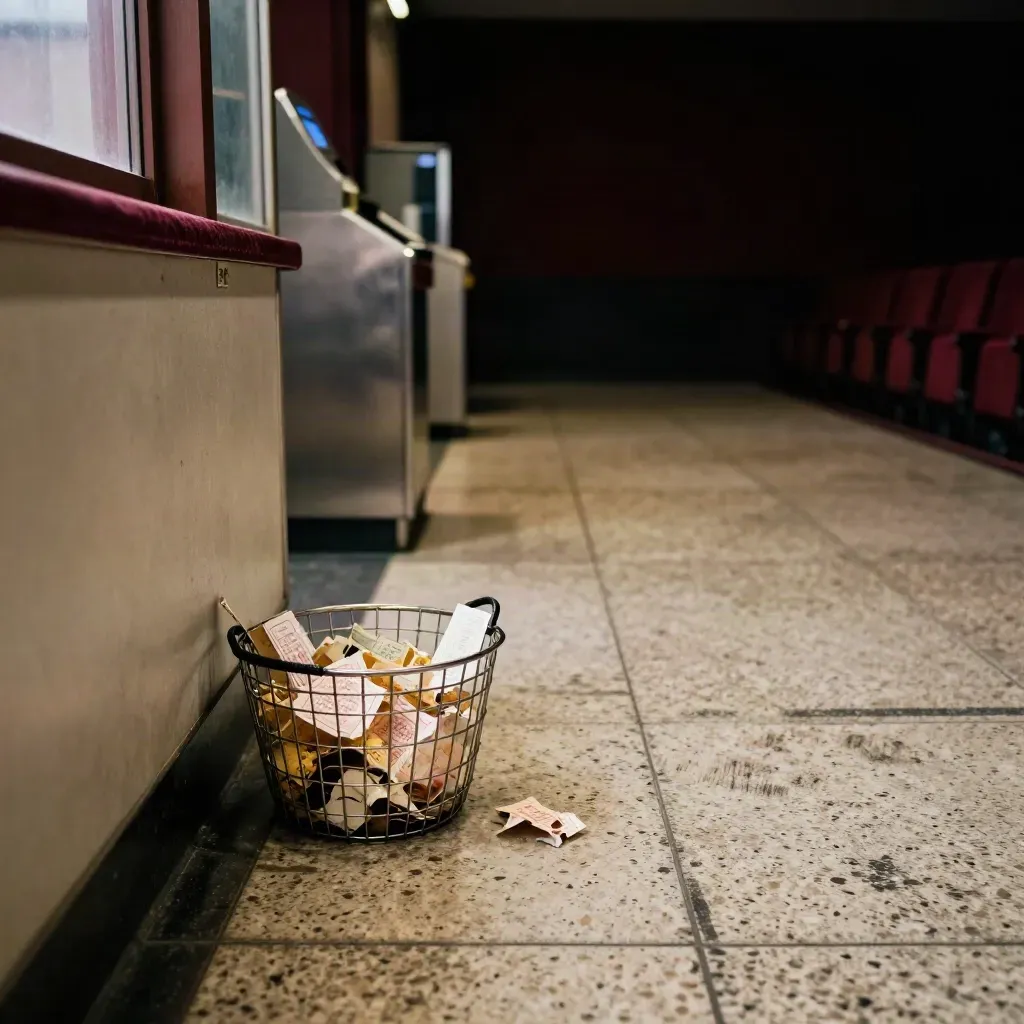 Foyer di cinema quasi vuoto con strappi di biglietti, pavimento segnato e cassa spenta, luce calda.