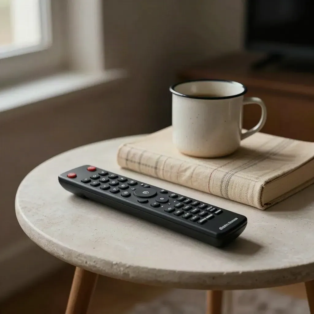 Telecomando nero, plaid crema, tazza smaltata e libro chiuso su tavolino, luce morbida serale.