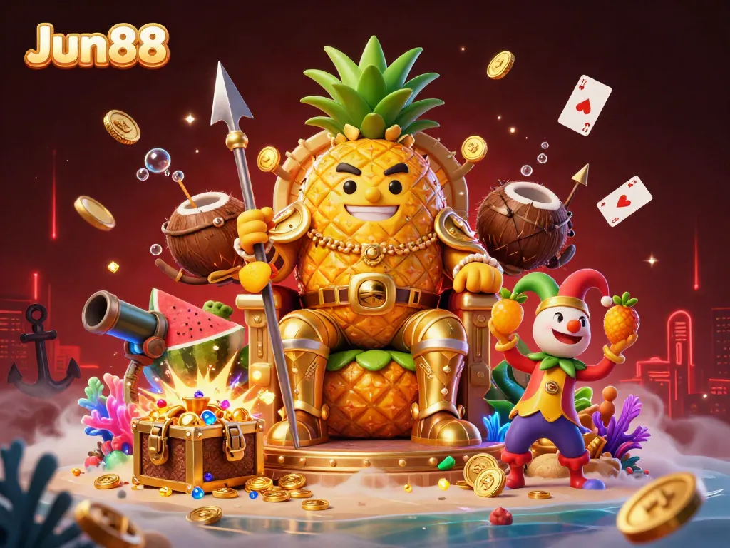 Experience the vibrant energy of Jun88 with the pineapple king at a busy beach casino.