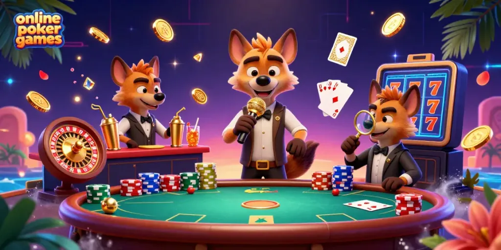 Engage with online poker games featuring playful hyenas in a vibrant casino scene.