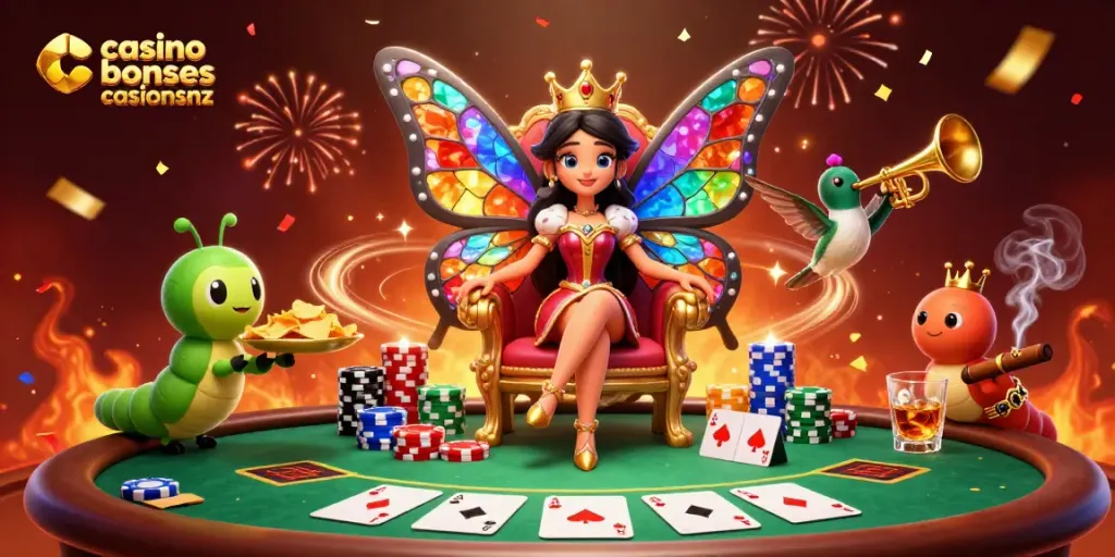 Enjoy tender casino bonuses casinosnz while exploring a vibrant 3D butterfly queen scene in a rich casino environment.