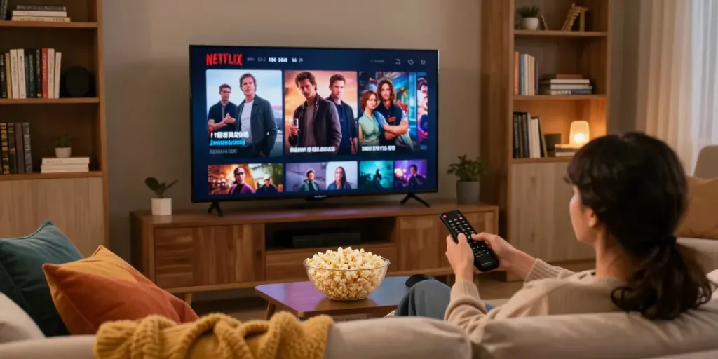 Enjoying Streaming Netflix Gratis in a cozy home media room, featuring movies on a large TV.